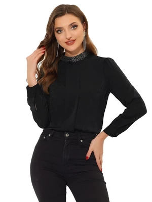 Allegra K Women's Work Pleated Front Long Sleeve Mock Neck Blouse - Image 5