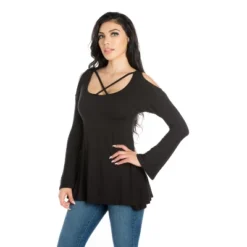 24seven Comfort Apparel Womens Criss Cross Cold Shoulder Long Sleeve Top