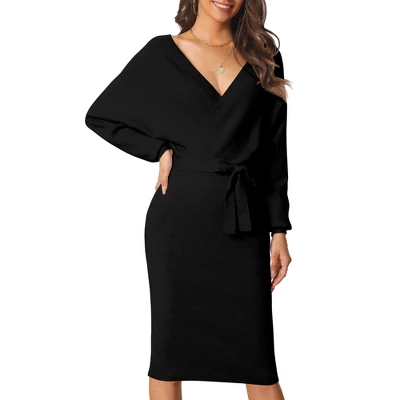 Seta T Women's Deep V Neck Wrap Batwing Sleeve Belted Bodycon Mini Sweater Dress - Image 7