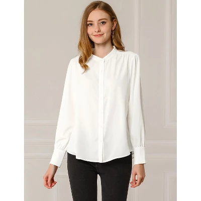 Allegra K Women's Mandarin Collar Office Top Long Sleeve Button Down Shirt - Image 2