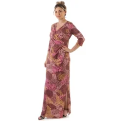 24seven Comfort Apparel Rust Faux Wrap Side Slit Maxi Dress