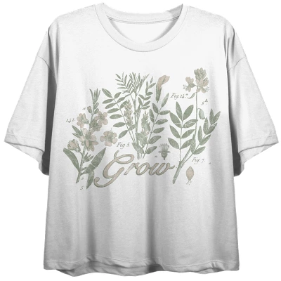 Bioworld Vintage Botanical Grow Crew Neck Short Sleeve Women's White Crop T-shirt - Image 2
