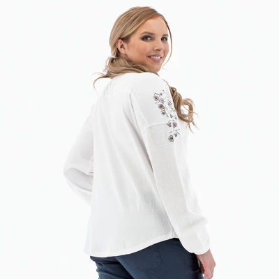 Aventura Clothing Women's Nyla Embroidered Long Sleeve Split Neck Blouse - Image 3