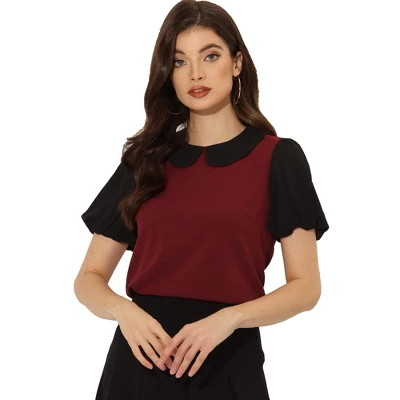 Allegra K Women's Contrast Peter Pan Collar Puff Short Sleeve Summer Blouse Top - Image 6