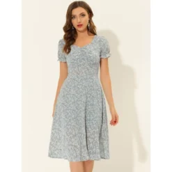 Allegra K Women's Floral Sweetheart Neck Smock Ruffle Print A-Line Dress