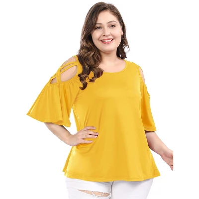 Agnes Orinda Women's Plus Size Summer Fashion Cold Shoulder Ruffle Trumpet Sleeve Blouses - Image 7