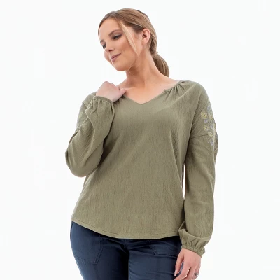 Aventura Clothing Women's Nyla Embroidered Long Sleeve Split Neck Blouse - Image 5