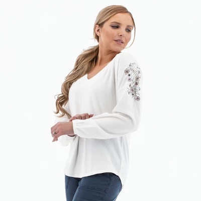 Aventura Clothing Women's Nyla Embroidered Long Sleeve Split Neck Blouse - Image 4