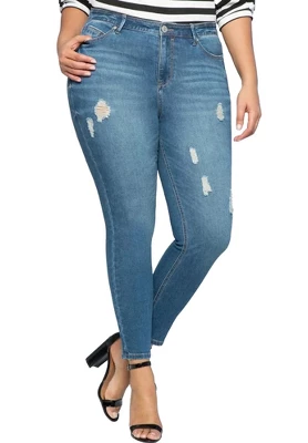 ELOQUII Women’s Plus Size Petite Classic Fit Peach Lift Distressed Skinny Jean