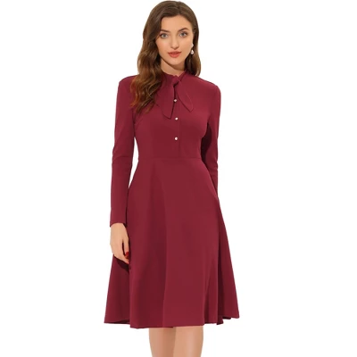 Allegra K Women's Work Sheath Tie Neck Knit Long Sleeve Midi Dress - Image 6
