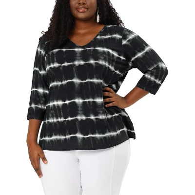 Agnes Orinda Women's Plus Size Tie Dye Side Slit 3/4 Sleeve Stripe V Neck Blouses - Image 8
