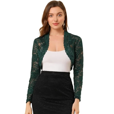 Allegra K Women's Crop Scalloped Hem Floral Lace Sheer Long Sleeve Shrugs - Image 7