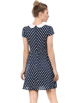 Allegra K Women's Peter Pan Collar Short Sleeves Contrast A-Line Polka Dots Dress - Image 4