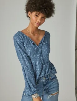 Lucky Brand Women's Long Sleeve Notch Neck Top