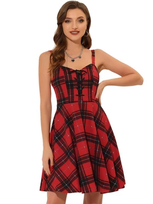 Allegra K Women's Gothic Vintage Plaid Ajustable Strap Sleeveless Lace-Up Dresses - Image 6