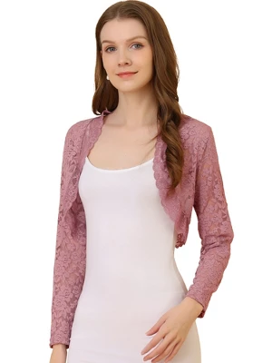 Allegra K Women's Crop Scalloped Hem Floral Lace Sheer Long Sleeve Shrugs - Image 10