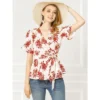 Allegra K Women's Floral V Neck Tie Waist Short Sleeve Belted Ruffle Wrap Top