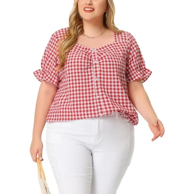 Agnes Orinda Women's Plus Size Gingham 1950s Sweetheart Neck Plaid Blouse - Image 6