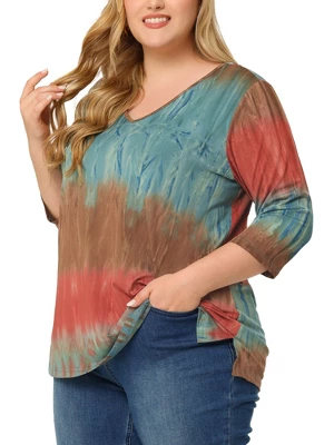 Agnes Orinda Women's Plus Size Tie Dye Side Slit 3/4 Sleeve Stripe V Neck Blouses - Image 11