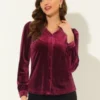 Allegra K Women's Velvet V Neck Long Sleeve Solid Button Down Shirt