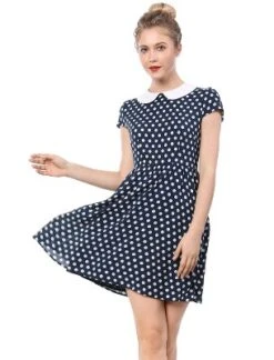 Allegra K Women's Peter Pan Collar Short Sleeves Contrast A-Line Polka Dots Dress