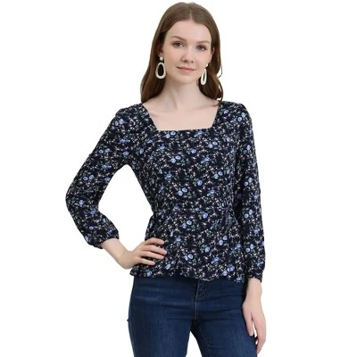 Allegra K Women's Floral Print Belted Waist Square Neck Vintage Peplum Blouse - Image 8