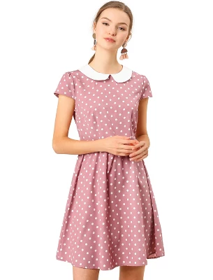 Allegra K Women's Peter Pan Collar Short Sleeves Contrast A-Line Polka Dots Dress - Image 6