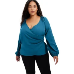 June + Vie By Roaman's Women’s Plus Size Embroidered V-Neck Wrap Blouse
