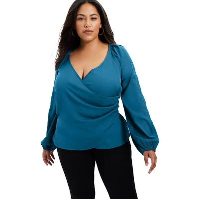 June + Vie By Roaman's Women’s Plus Size Embroidered V-Neck Wrap Blouse