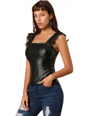 Allegra K Women's Lace Trim Party Faux Leather PU Tank Top - Image 6