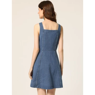 Allegra K Women's Sleeveless Square Neck Button Down Flared Casual Mini Denim Dress - Image 3
