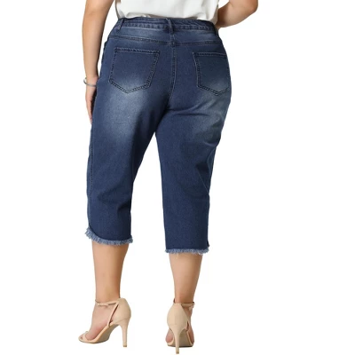 Agnes Orinda Women's Plus Size Casual Capri Frayed Hem Washed Chambray Denim Jean - Image 4