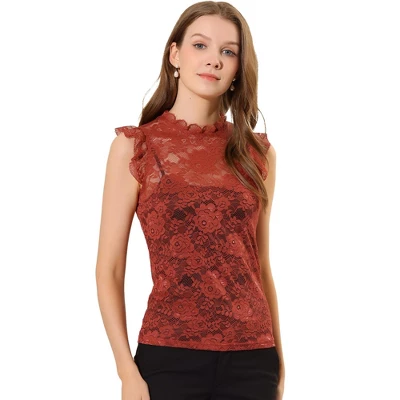 Allegra K Women's Sleeveless Blouse See Through Ruffle Semi Sheer Floral Lace Top - Image 6