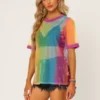 Allegra K Women's Rainbow Mesh Short Sleeve Cover Up Sheer T-Shirt