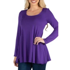 24seven Comfort Apparel Womens Long Sleeve Solid Color Swing Style Flared Tunic Top