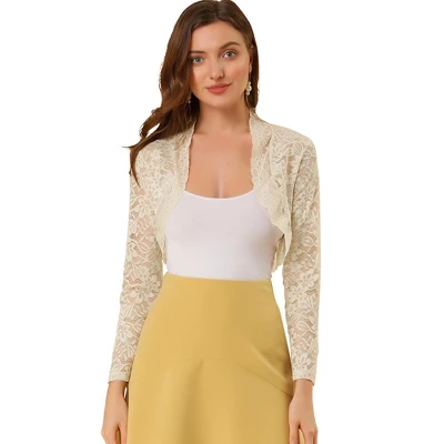 Allegra K Women's Crop Scalloped Hem Floral Lace Sheer Long Sleeve Shrugs - Image 9