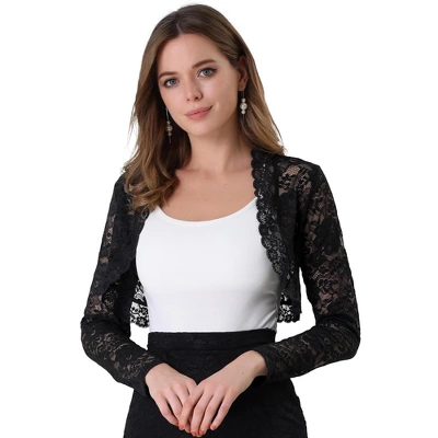 Allegra K Women's Crop Scalloped Hem Floral Lace Sheer Long Sleeve Shrugs - Image 13