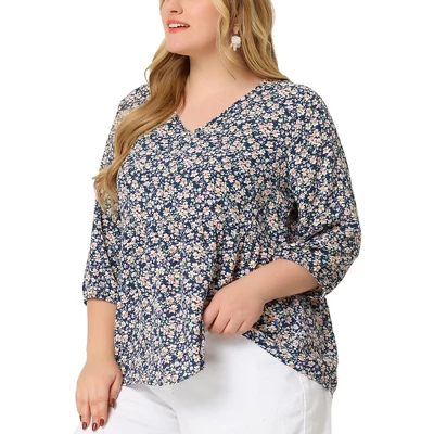 Agnes Orinda Women's Plus Size Babydoll 3/4 Sleeve Floral Flowy Blouse - Image 14