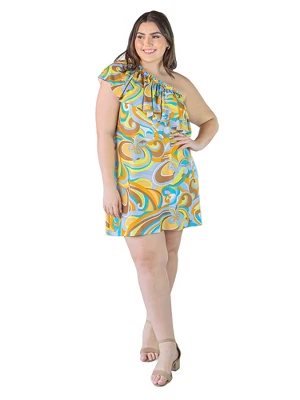 Plus Size Single Shoulder Floral Print And Ruffles Mini Dress - Image 5