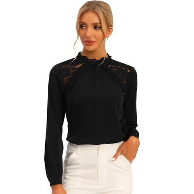 Allegra K Women's Lace Trim Crew Neck Long Sleeve Elegant Blouse - Image 6