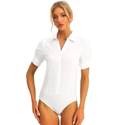 Allegra K Women's Office Button Down One-Piece Short Sleeve Bodysuit Work Shirt - Image 6