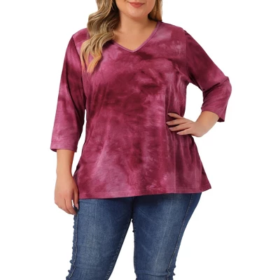 Agnes Orinda Women's Plus Size Tie Dye Side Slit 3/4 Sleeve Stripe V Neck Blouses - Image 12
