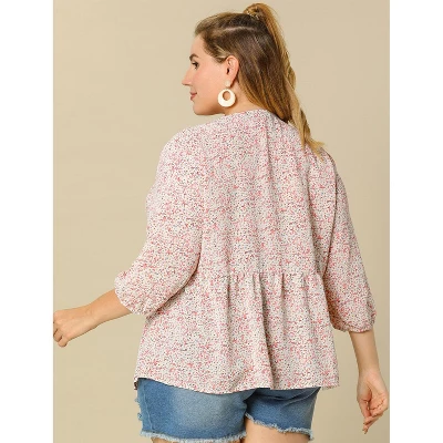 Agnes Orinda Women's Plus Size Babydoll 3/4 Sleeve Floral Flowy Blouse - Image 4