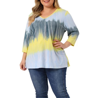 Agnes Orinda Women's Plus Size Tie Dye Side Slit 3/4 Sleeve Stripe V Neck Blouses - Image 13