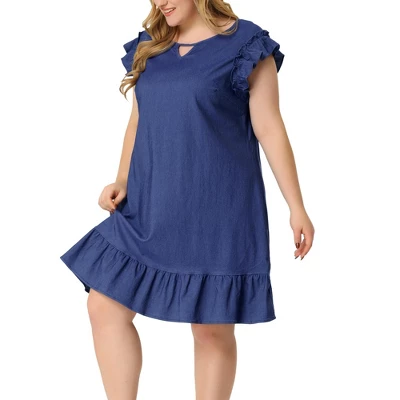 Agnes Orinda Women's Plus Size Ruffle Sleeveless Keyhole Chambray Fashion Dress