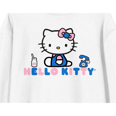 SANRIO Hello Kitty Phone Graphic Crew Neck Long Sleeve White Fleece Women's Tee