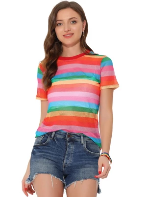 Allegra K Women's Rainbow Blouse Short Sleeve Mesh Sheer Stripe T-Shirt - Image 6