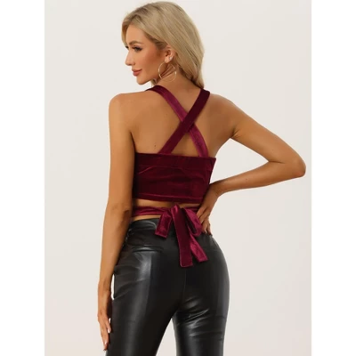 Allegra K Women's Party Velvet Sleeveless Spaghetti Strap Deep V Crop Cami Tank Top - Image 2