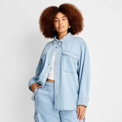 Women's Oversized Long Sleeve Collared Button-Down Denim Shirt - Universal Thread™ Light Wash - Image 4