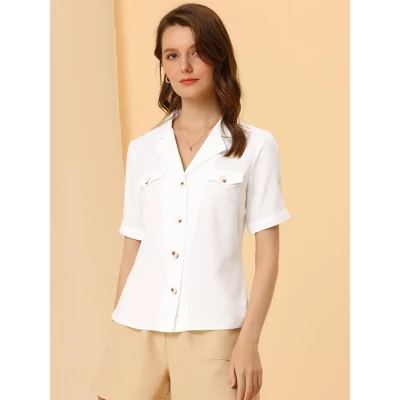 Allegra K Women's Summer Lapel V Neck Short Sleeve Work Button Down Shirts - Image 3